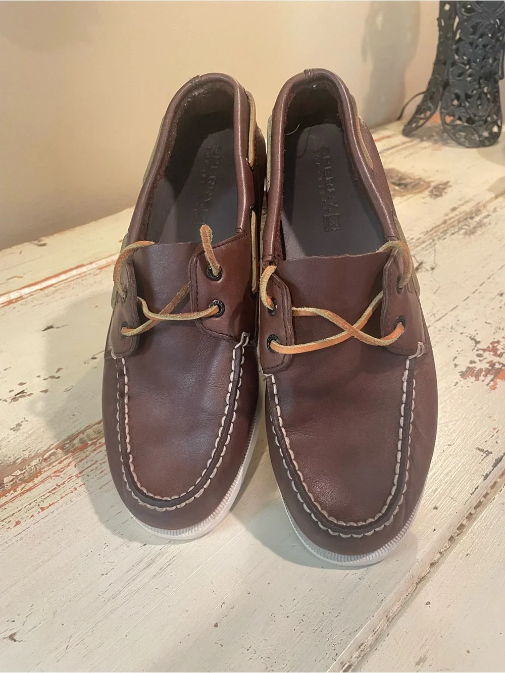 Sperry Dark Brown Leather Boat Shoes with Tan Laces